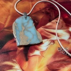 Light Blue & Tan Agate Slice Necklace On Waxed Cotton Cord - Handmade